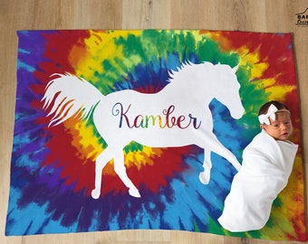 Personalized Tie Dye Farm Animal or Rodeo Baby Blanket- swaddle receiving blanket, pig, cow, sheep, horse, chicken, steer, tiedye