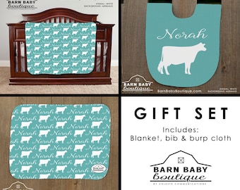 Personalized Dairy Cow Baby Gift Set - blanket, burp cloth and bib - farm nursery, livestock baby shower gift