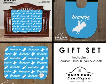 Personalized Bull Rider Rodeo Baby Gift Set - blanket, burp cloth and bib - cowboy nursery, bull riding rough stock baby shower gift