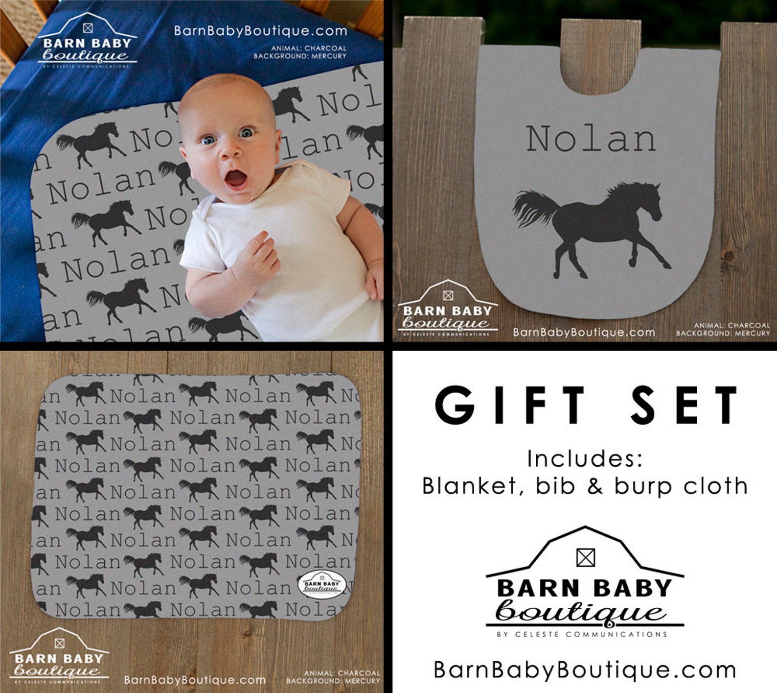 Personalized Horse Baby Gift Set - Blanket, Burp Cloth and Bib ...