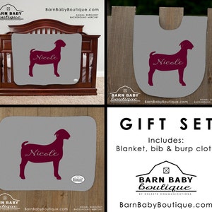 Personalized Show Goat Baby Name Gift Set - blanket, burp cloth and bib - farm nursery, livestock baby shower gift