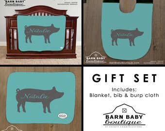 Personalized Show Pig Baby Name Gift Set - blanket, burp cloth and bib - farm nursery, livestock baby shower gift