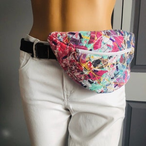 Scrappy Fanny pack/ patchwork upcycle hip belt bag/ made from fabric scraps/ multicolor hippie bag/ sustainable gift/ pink blue yellow pouch
