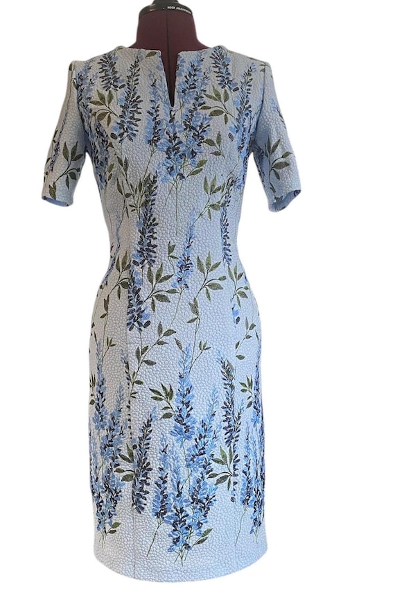 Blue shift dress size 2 US/ Embroidered lupine jacquard bubble fabric/ One of a kind blue floral dress/ Easter Summer wear