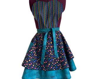 Teal green blue apron/ layered skirt apron/ Valentine Day/ Pride/ birthday/ Mother’s Day gift/ multicolor stripes and polka dots