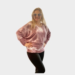 Pink tie dye batwing top/ athleisure sweatshirt/ scoop neckline/ French terry/ sportswear/ loose fit casual sweatshirt