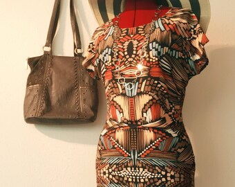 Brown tunic beige red blue Abstract Print Scoop Neck/ Mini Dress/ kimono sleeves tunic/ short sleeves tunic/ long top