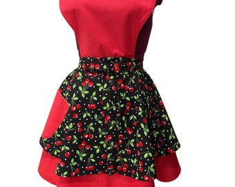 Red cherry apron/ layered skirt apron/ Valentine’s Day gift/ birthday/ Mother’s Day/ red polka dots
