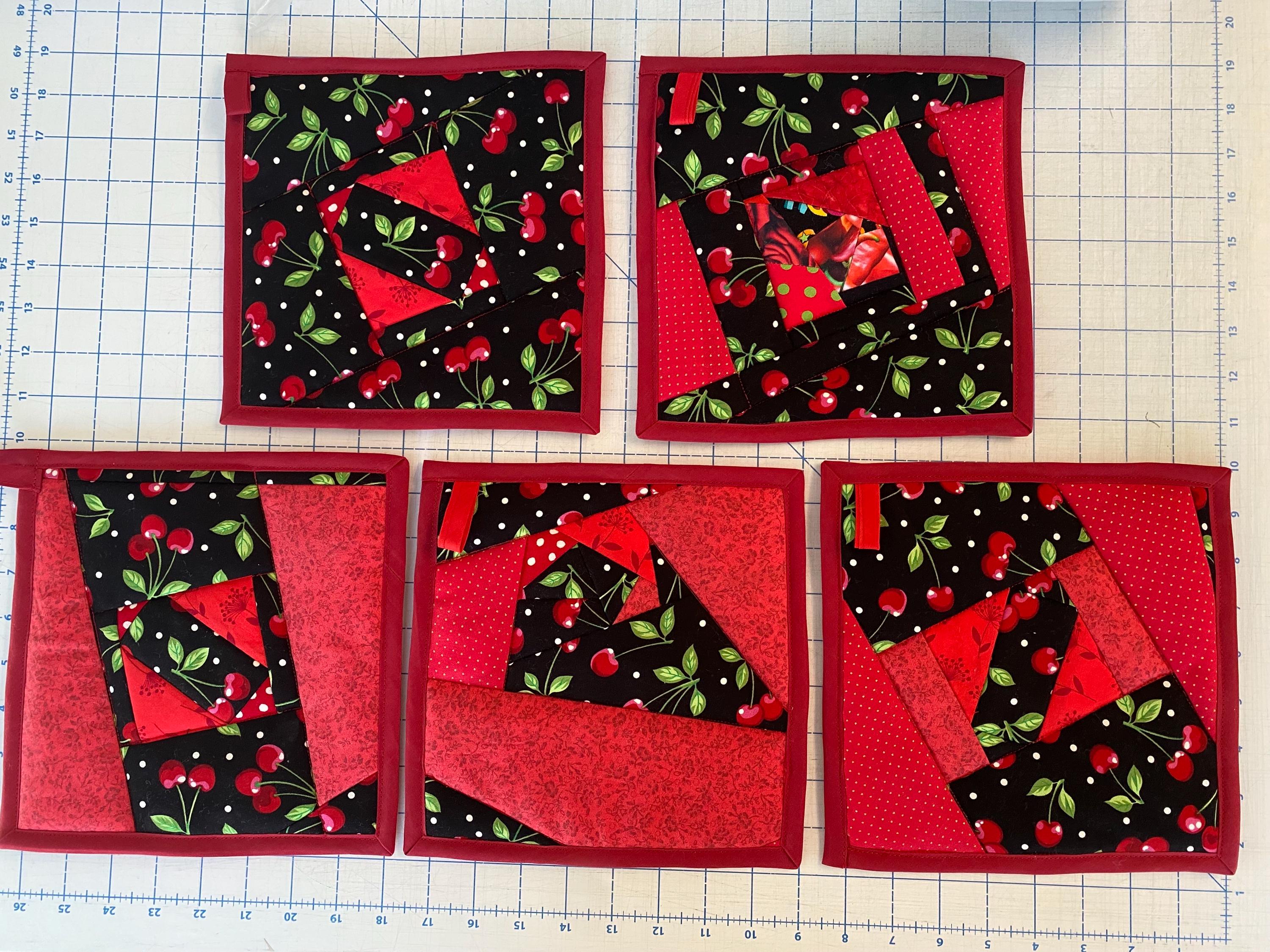 Red cherries hot pad, pot holder/ red and black cloth trivet/ washable pot holder