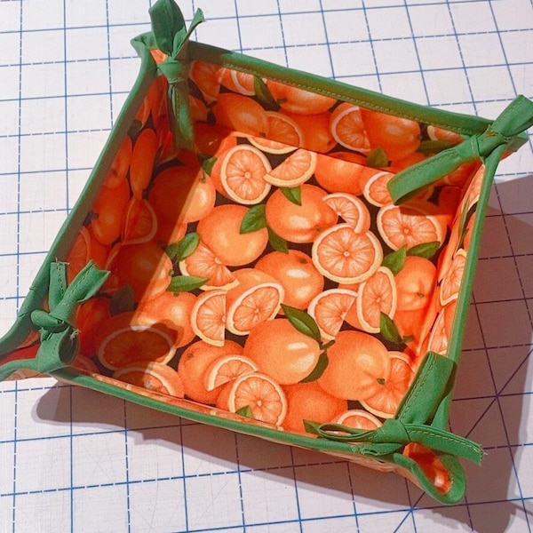 Foldable fabric box/ orange fabric storage container/ tied corners fabric box