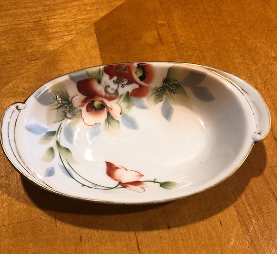 Vintage Nippon Porcelain Oval Floral Trinket Dish