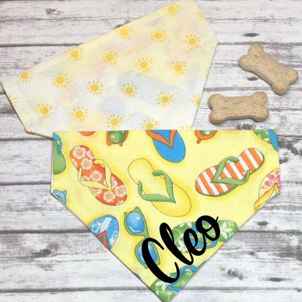 Sunshine and Sandals Dog Bandana, Girl Female Dog Bandana, Reversible, Slide On Collar, Personalized Option, Flip Flops, Summer Dog Bandana