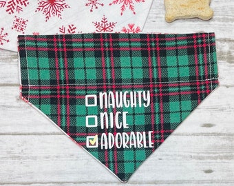 Holiday Dog Bandana, Christmas Dog Bandana, Naughty Nice Adorable, Plaid, Snowflakes, Reversible, Over the Collar, Personalized, BizzyMamas