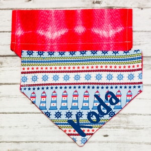 Nautical Dog Bandana, Lighthouse Dog Bandana, Ocean Dog Bandana, Red Tye Dye, Over the Collar, Personalized, Reversible, Marina, BizzyMamas