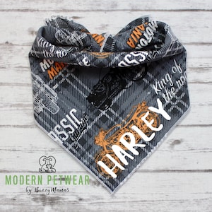Harley Motorcycle Inspired Dog Bandana, Tie-On Dog Bandana, Personalized Bandana, Gray, Black, Orange, BizzyMamas
