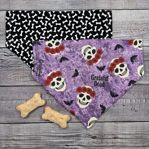Grateful Dead Dog Bandana, The Grateful Dead, Purple Skull  Red Roses, Reversible, Slide On Collar, Personalized Option, BizzyMamas