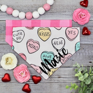 Valentine’s Day Dog Bandana, Reversible, Slide On Collar, Personalized Option, BizzyMamas, Candy Hearts, Girl Female Dog Bandanas
