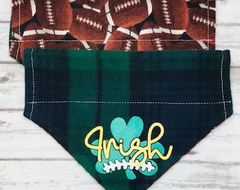 Irish Football Dog Bandana, Fighting Irish Fan, Reversible, Slide Over Collar, Through the Collar, Plaid, by BizzyMamas