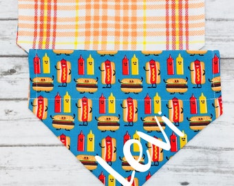 Summer Dog Bandana, Hot Dog Dog Bandana, Ketchup, Mustard, Picnice, Over the Collar, Reversible, Personalized, Spring Dog Bandana, BizzyMama