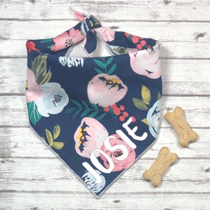 Girl Floral Dog Bandana, Floral, Roses, Navy, Pink, Tie-On Bandana, Personalized Bandana, Spring Bandana, Summer Bandana, Female Dog Bandana