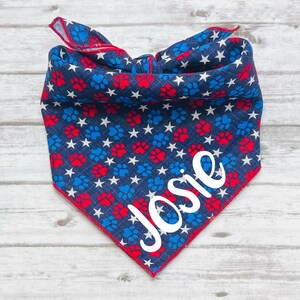 4th of July Dog Bandana, Paws and Stars, Tie-On Bandana, Personalized Bandana, Patriotic Dog Bandana, Fourth of July Dog Bandana