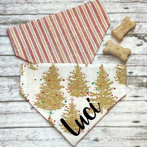 Holiday Dog Bandana, Christmas Dog Bandana, Personalized, Reversible, Over the Collar, Gold Christmas Trees, By BizzyMamas