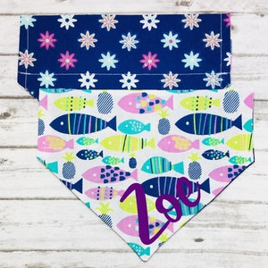 Fish Dog Bandana, Tropical Dog Bandana, Reversible, Slide On Collar, Personalized, Purple Fish Dog Bandana, Ocean Dog Bandana, Beach, Lake