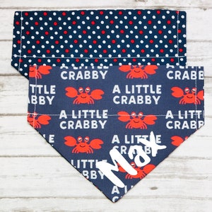 A Little Crabby Dog Bandana, Crab Dog Bandana, Reversible, Slide On Collar, Personalized Option, Ocean Dog, Beach Dog, Nautical Dog