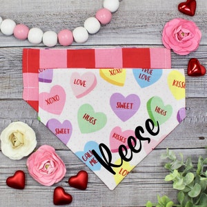 Valentine’s Day Dog Bandana, Reversible, Slide On Collar, Personalized Option, BizzyMamas, Candy Hearts, Girl Female Dog Bandanas