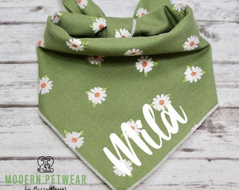 Daisy Dog Bandana, Floral, Tie-On Bandana, Personalized Bandana, Spring Bandana, Summer Bandana, Female Dog Bandana, Green, Daisies