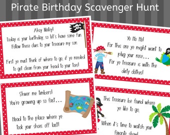 Pirate Themed Birthday Scavenger Hunt, clue cards, birthday, treasure hunt, printable