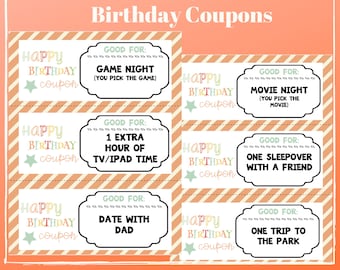 Birthday Printable Coupons, Instant Download, Kid Friendly Coupons