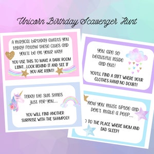 Búsqueda del tesoro de cumpleaños de unicornio, tarjetas de pistas de cumpleaños, tema de unicornio, cumpleaños de niña, búsqueda del tesoro, lluvia