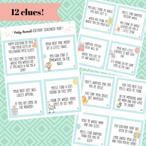 Tarjetas de pistas de búsqueda del tesoro de cumpleaños, 12 pistas, simple, divertido, fiestero, búsqueda del tesoro de cumpleaños