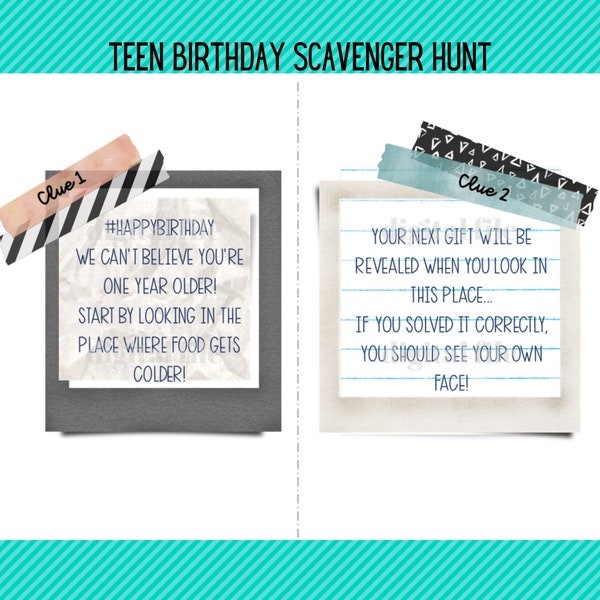 Teen Birthday Scavenger Hunt, preteen, teenager birthday clue cards, 6 clues, modern, washi tape, frame/notes
