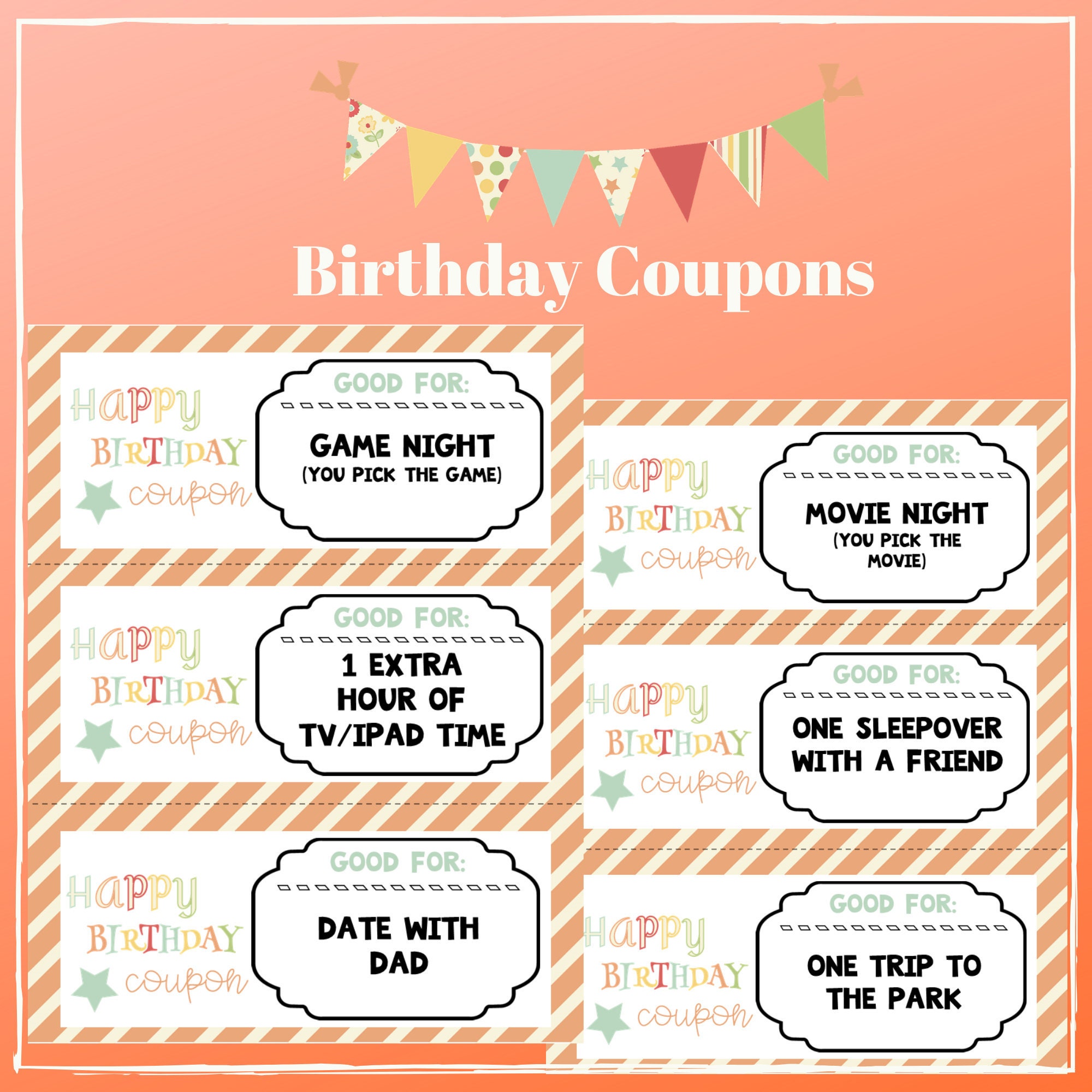Birthday Printable Coupons Instant Download Kid Friendly Coupons Etsy Sweden
