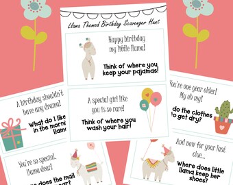 May include: A set of colorful printable cards with llama illustrations and text that reads "Little Llama Scavenger Hunt". The cards include clues for a birthday scavenger hunt, such as "Think of where you keep your pajamas!" and "Where does little llama keep her shoes?"