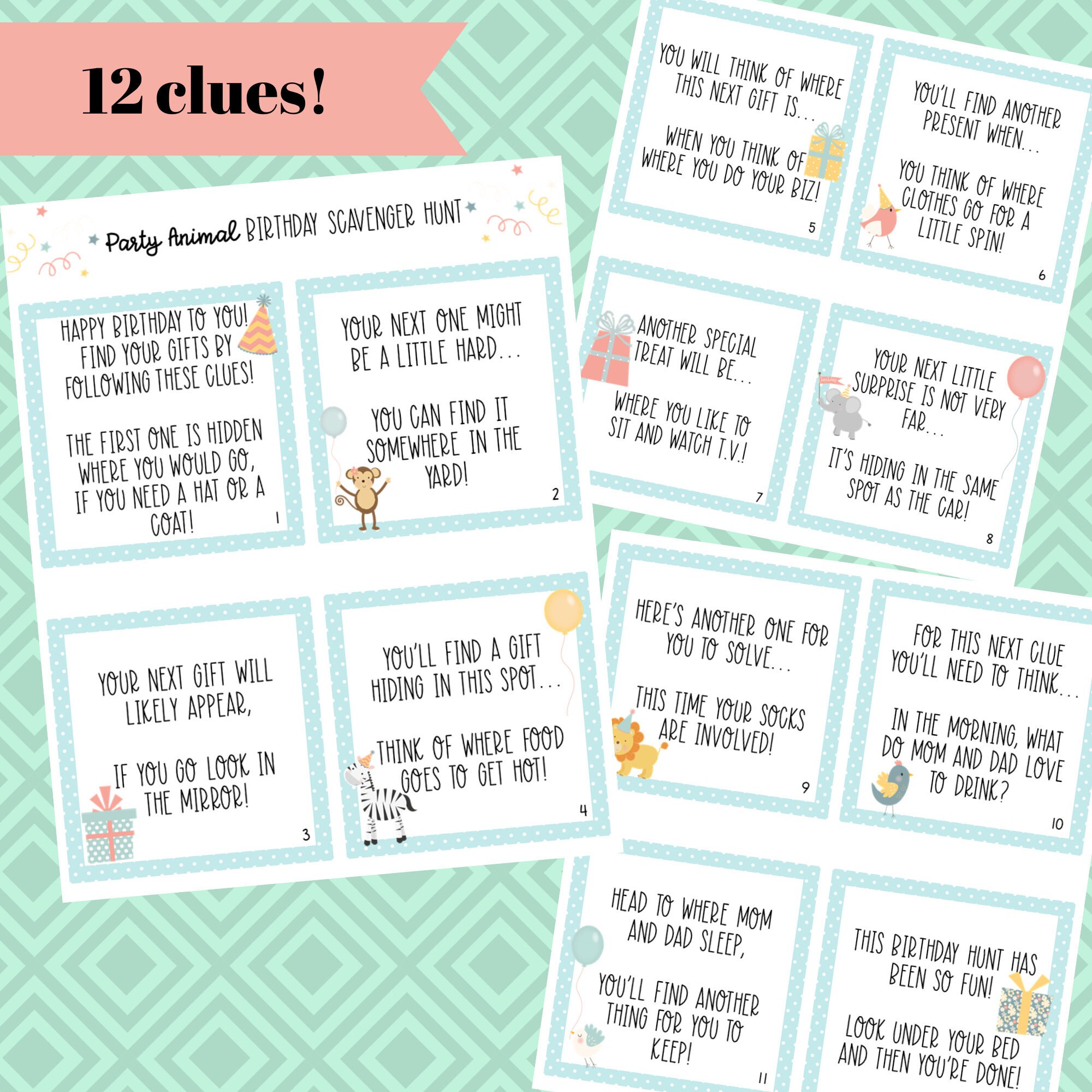 Birthday Scavenger Hunt Clue Cards Gender Neutral Simple Fun 