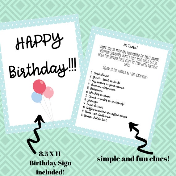 Birthday Scavenger Hunt Clue Cards, 12 clues, simple, fun, party animal,  birthday treasure hunt