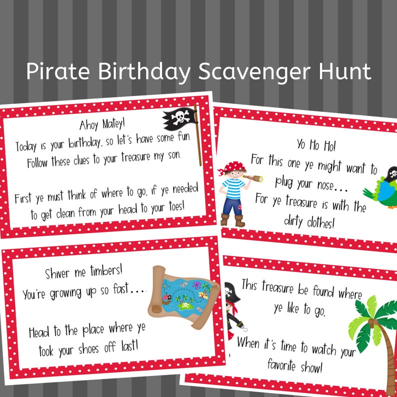 Pirate Themed Birthday Scavenger Hunt, Clue Cards, Birthday, Treasure Hunt, Printable Etsy