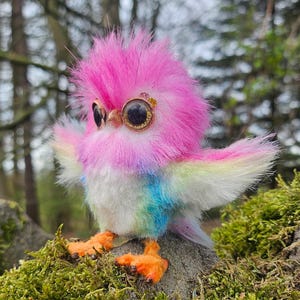 Könnte beinhalten: Eine farbenfrohe Vogel-Figur mit einem flauschigen, pinkfarbenen Kopf, Regenbogenflügeln und großen, detaillierten Augen. Der Vogel hat orangefarbene Füße und sitzt auf einem moosbewachsenen Felsen, was eine fantasievolle Szene schafft.