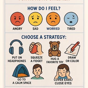 May include: A Calm Down Chart for Autistic Children poster featuring sections titled How Do I Feel, Choose a Strategy, and Check Again. It includes colorful icons representing emotions like angry, sad, worried, tired, and various coping strategies.