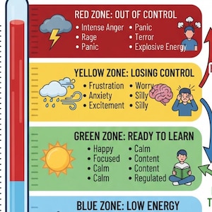 May include: A Zones of Emotional Regulation temperature guide chart featuring a thermometer with four colour-coded zones: red for out of control, yellow for losing control, green for ready to learn, and blue for low energy, plus four traffic signs.