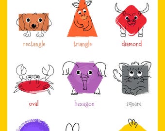 Cute Animal Geometric Shapes Clipart PNG, Educational 2D Shapes Graphics for Kids, Nursery Decor Printable, Preschool Flashcard Vectors
