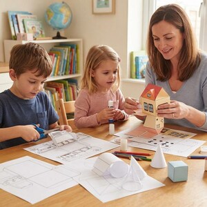 Puede incluir: Un set de manualidades en papel que incluye plantillas impresas para construir estructuras tridimensionales como casas y formas geométricas. El set contiene hojas de papel blanco con contornos negros, pegamento, lápices de colores y modelos terminados.