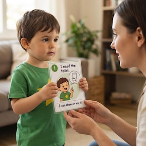 Peut inclure: Une carte de communication rectangulaire avec un cercle vert contenant le chiffre un, une illustration d'un enfant pointant vers le haut, une bulle avec une icône de toilette et le texte : I need the toilet. I can show or say it.