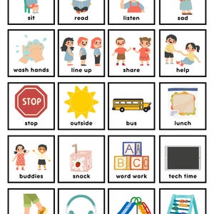 May include: A grid of twenty square educational flashcards featuring colorful illustrations and text labels for common school activities and objects, including sit, read, listen, sad, wash hands, line up, share, help, stop, outside, bus, lunch, buddies, snack, word work, tech time, walk, headphones, recess, and counting.