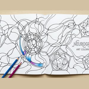 May include: An open coloring book featuring black line art with neurographic patterns and geometric shapes. The text reads Neurographic Art Coloring Pages. Two colored pencils, one blue and one purple, rest on the page with some sections colored in blue and purple gradients.