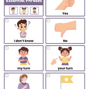 Puede incluir: Juego de tarjetas con el título "Frases esenciales". Cada tarjeta presenta una ilustración de dibujos animados y una frase correspondiente, incluyendo "Sí", "No", "No lo sé", "Mi turno", "Tu turno", "Por favor" y "Terminado".