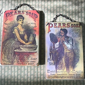 May include: Two vintage Pears' Soap advertisements. The first ad features a woman washing her hands in a basin. The second ad features a man shaving with a razor. Both ads feature the text "Pears' Soap" and "A Luxury for Shaving".